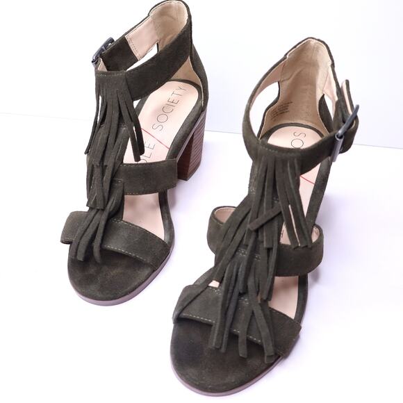 SOLE SOCIETY Delilah Fringe Heeled Sandal Green Suede Ankle Strap Women's 6 - Picture 1 of 9
